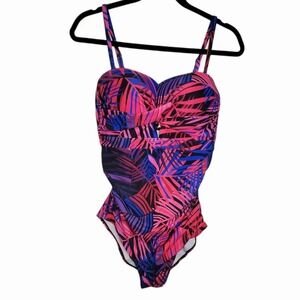 Eomenie Tropical One Piece Swimsuit XL Pink Blue Leaf Print NWT